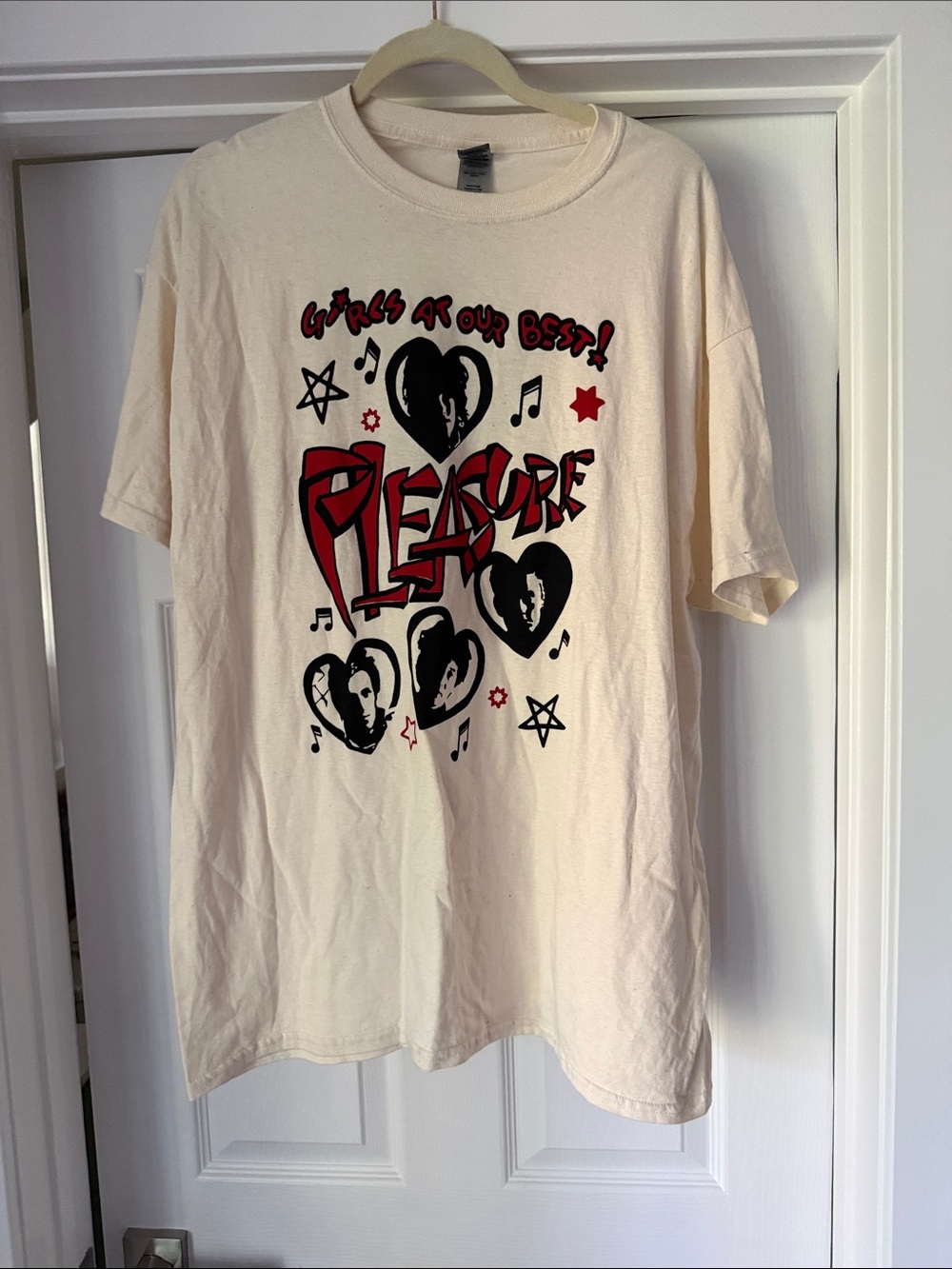 Vintage Cream Graphic 'Pleasure' Band Tee with Red & Black Print